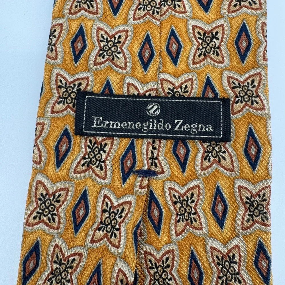 Ermenegildo Zegna 100%‎ Silk Tie Geometric Floral Print Yellow Blue Italy Mens